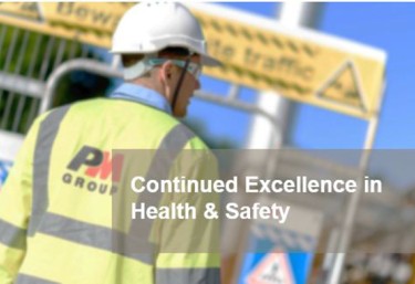 Man in hives with PM Group logo with text saying Continued excellence in health and safety