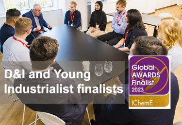 Young employees sat around table with IChemE logo and D&I and Young Industrialist finalists text