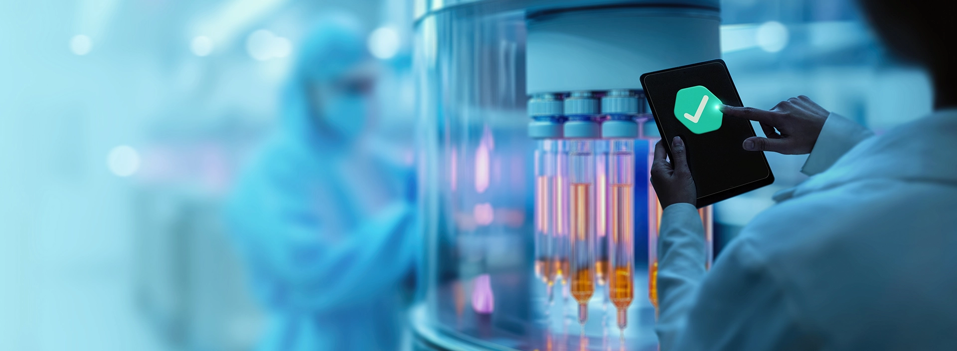Close up image of a tablet with a green tick shown. Man holding the tablet in front of test tubes in a blue lab facility