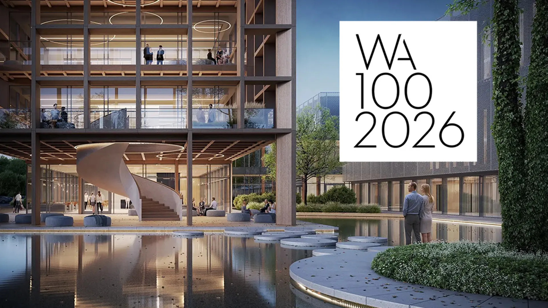 Landscape with lovely workplace environment and WA100 2026 logo