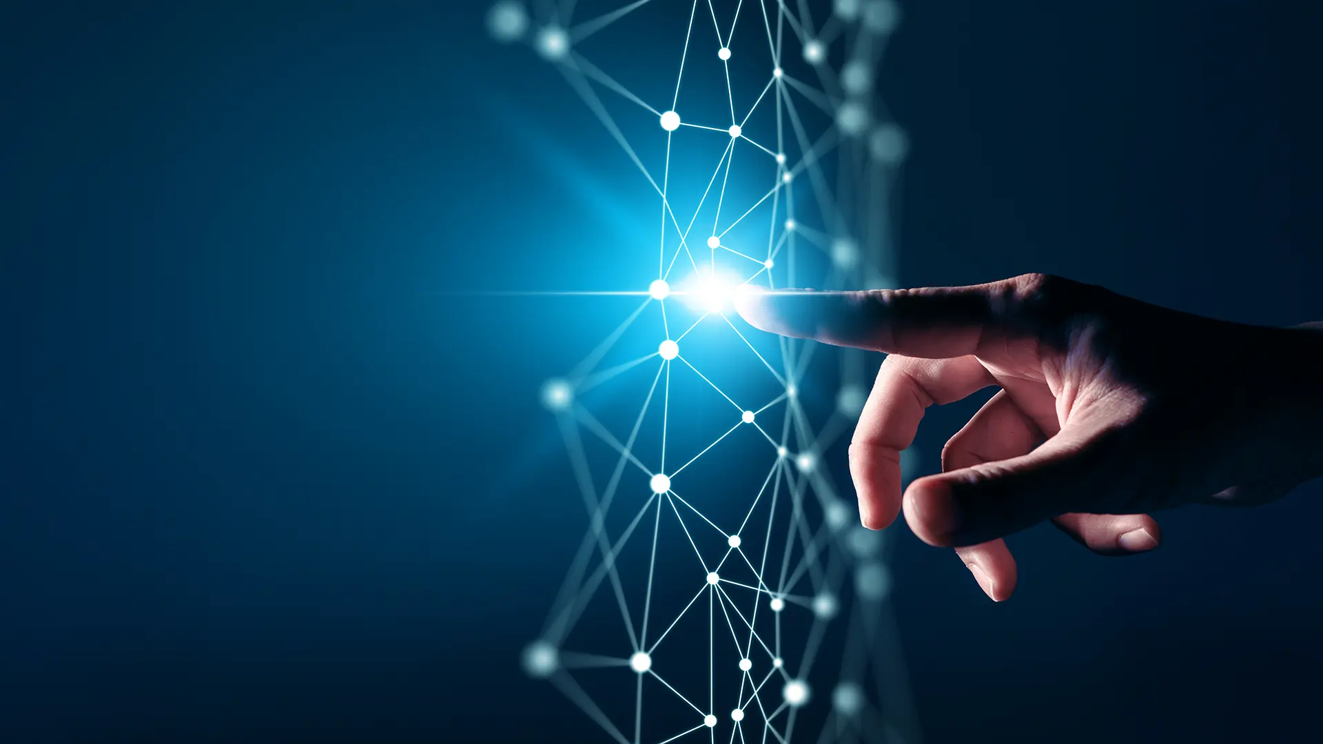 Hand interacting with 3D network graphic